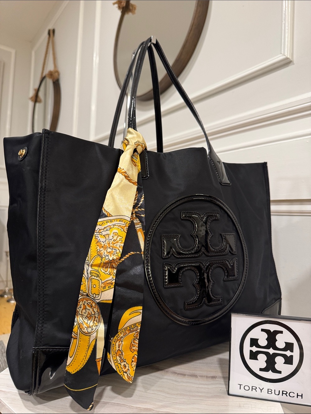 Tory Burch Bag Ella Large Black Nylon Tote with Logo Accent
